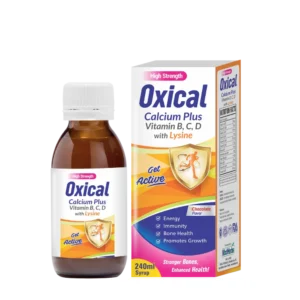 Oxical Syrup – A comprehensive supplement with Calcium, Vitamins B, C, D, and Lysine that supports strong bones, boosts immunity, and promotes healthy growth and energy.