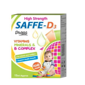 Saffe-D3 Drops provide essential Vitamin B Complex, Vitamin D3, and minerals for infants and toddlers. A complete nutritional supplement for healthy growth, strong bones, and immunity.